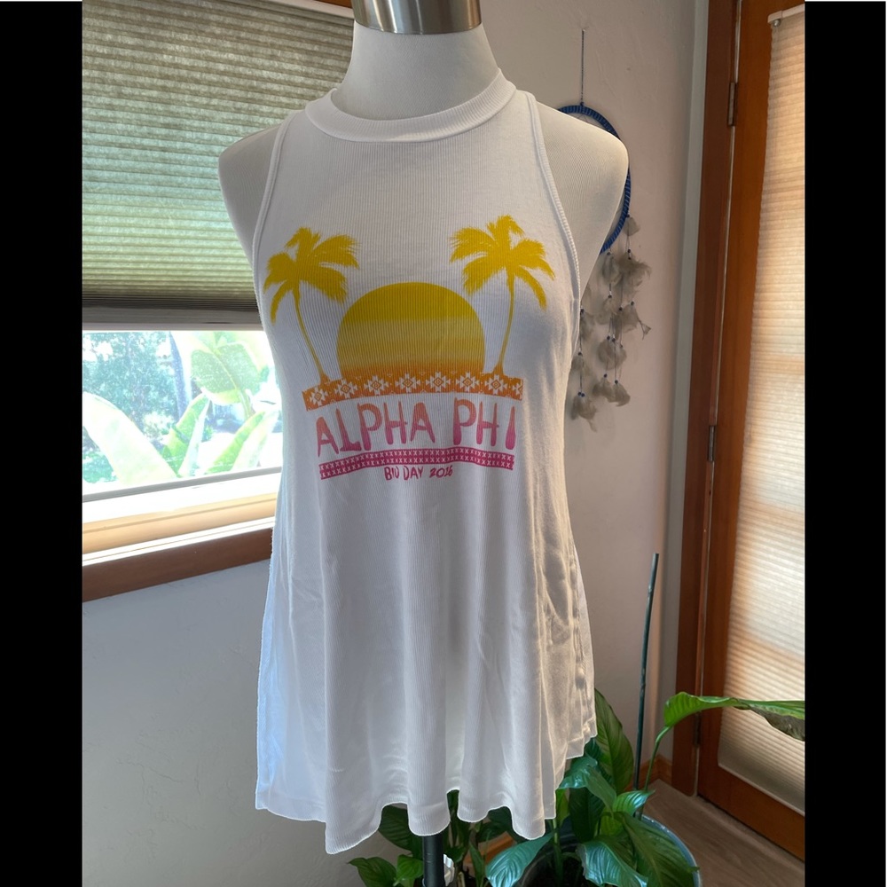 Alpha Phi Razor Back tank top w/palm trees, Sz S